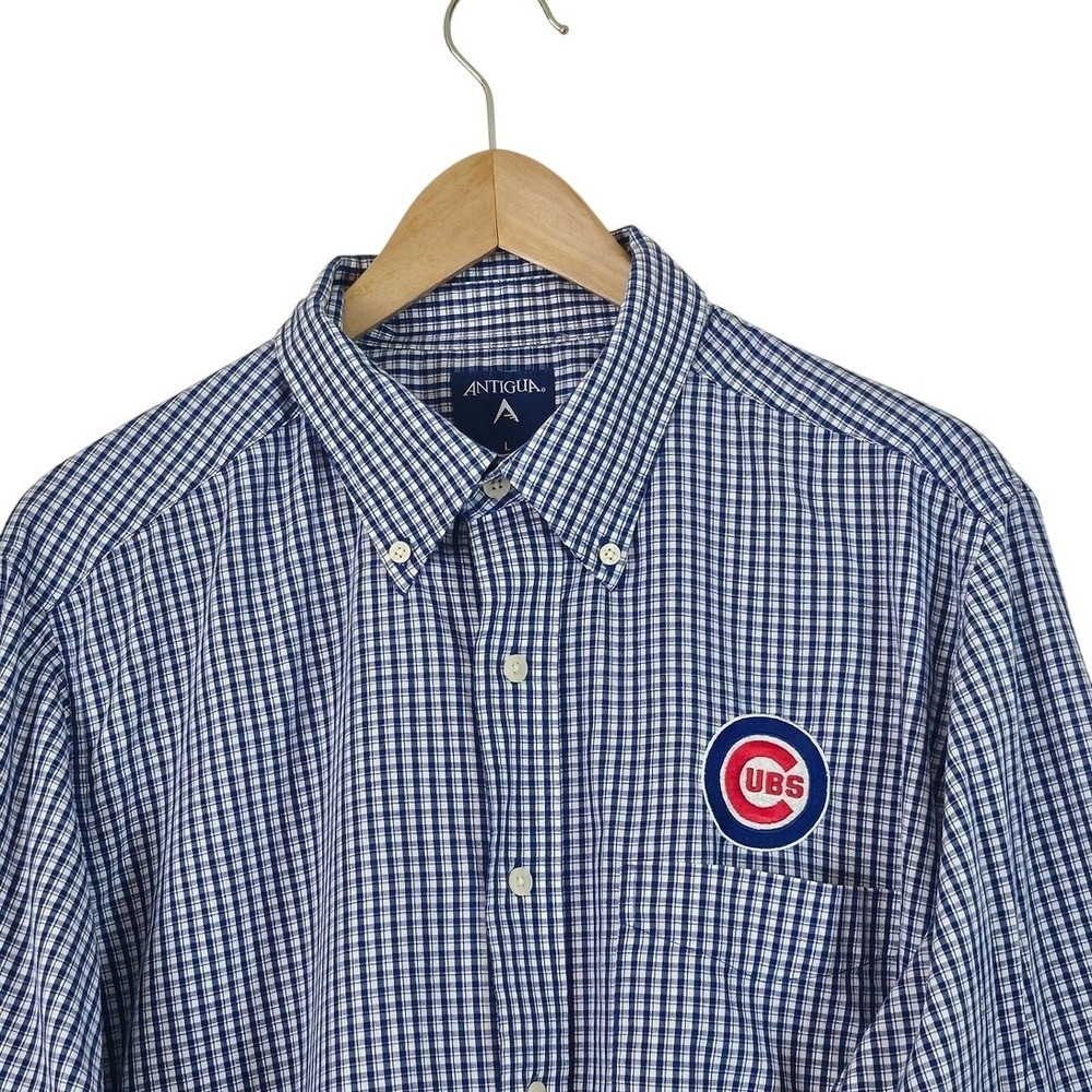 Antigua Chicago Cubs Gingham Button Down Shirt MLB Logo Blue White Men's L